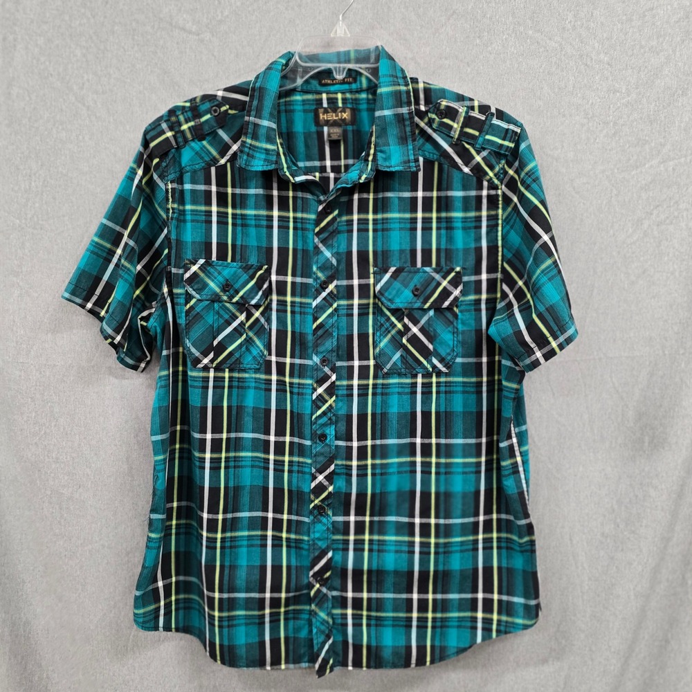 Helix Mens XXL Athletic Fit Short Sleeve Plaid Button Down Shirt Teal Black
